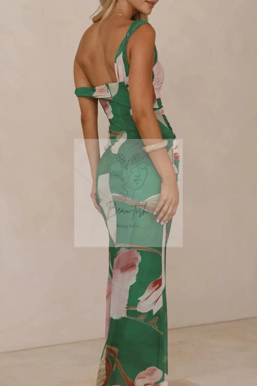 Floral Print One-Shoulder Ruched Maxi Dress