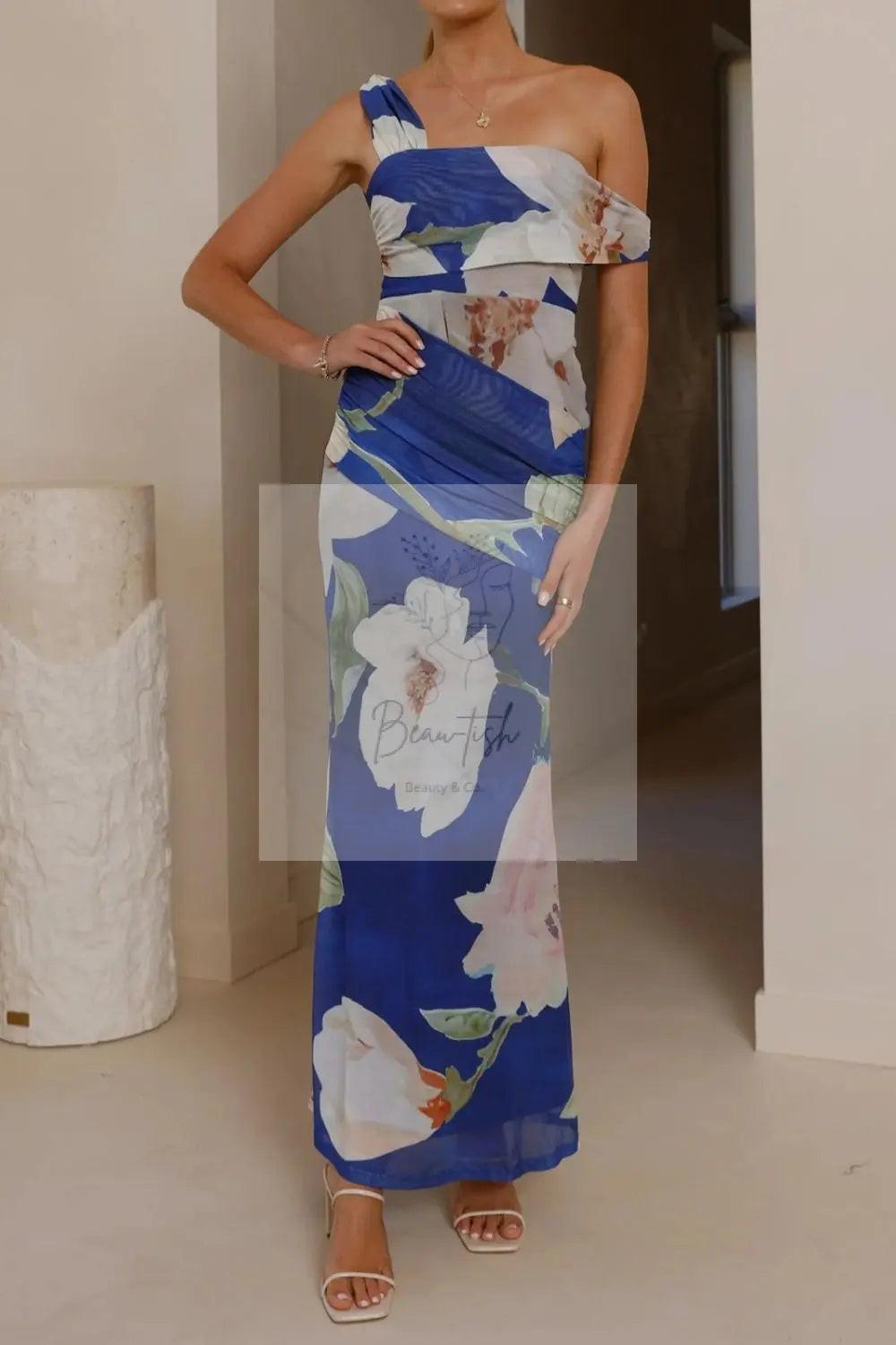 Floral Print One-Shoulder Ruched Maxi Dress