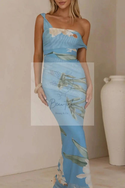 Floral Print One-Shoulder Ruched Maxi Dress