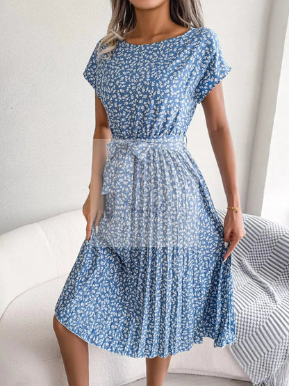 Floral Print Pleated Midi Dress with Belt