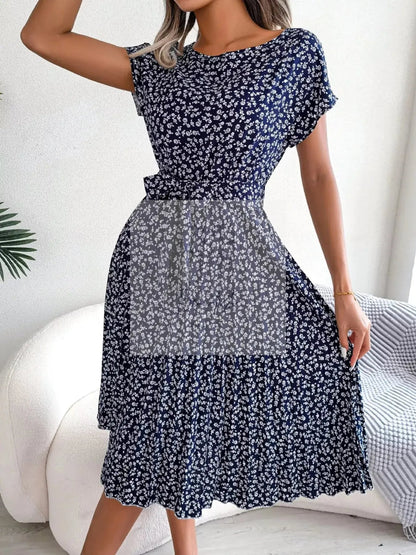 Floral Print Pleated Midi Dress with Belt