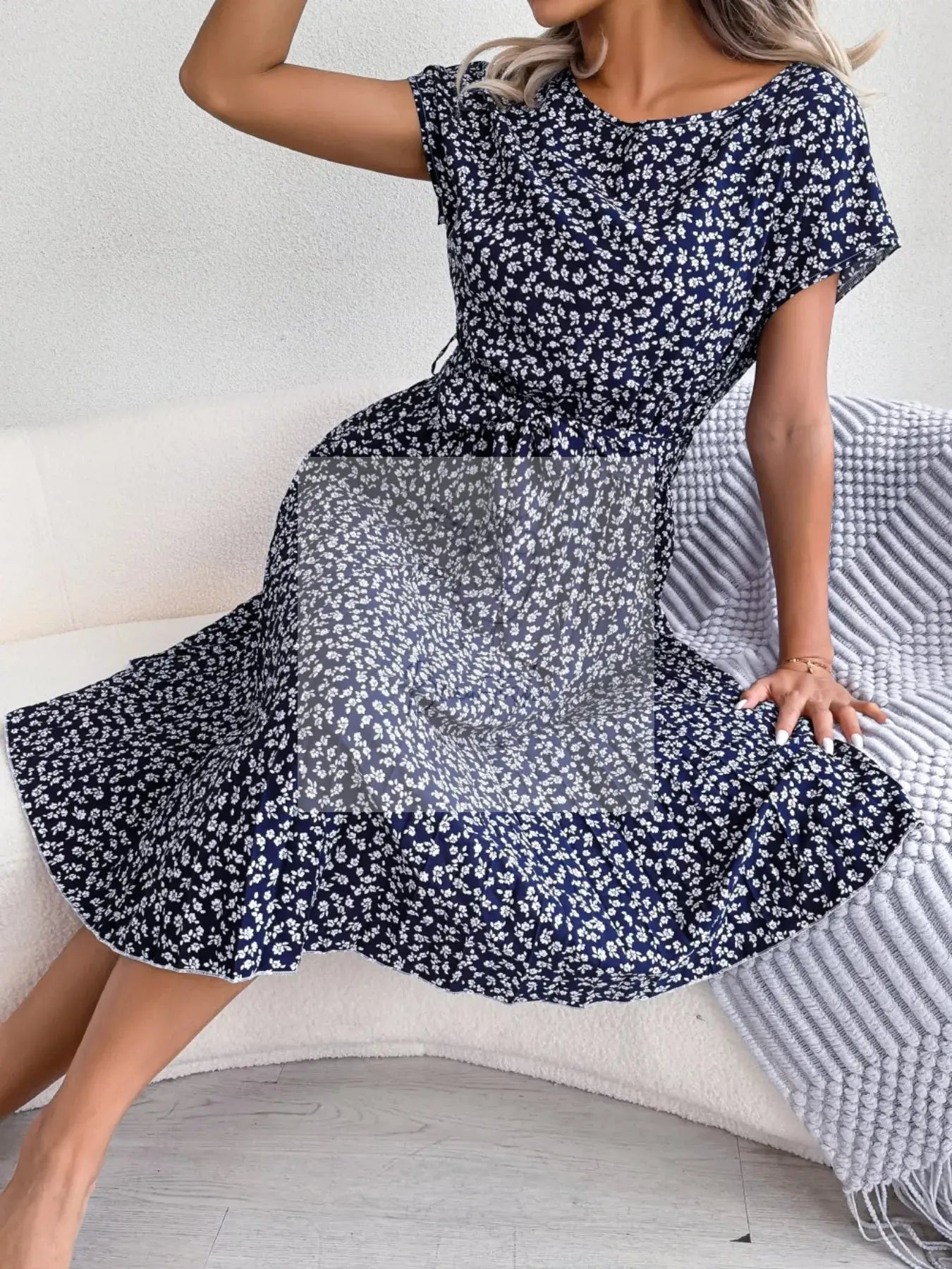 Floral Print Pleated Midi Dress with Belt