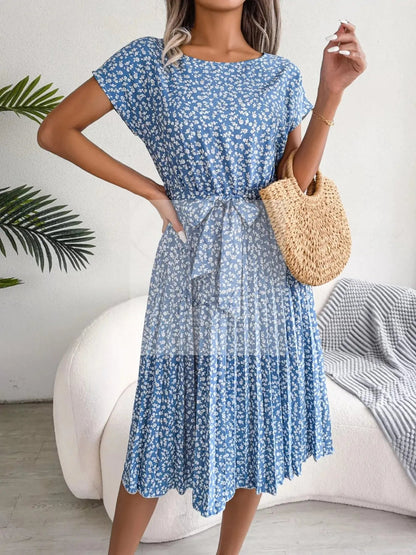 Floral Print Pleated Midi Dress with Belt