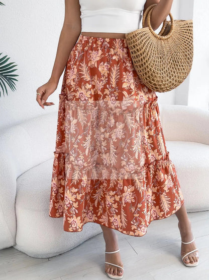 Floral Print Ruffle Hem Flowy Midi Skirt