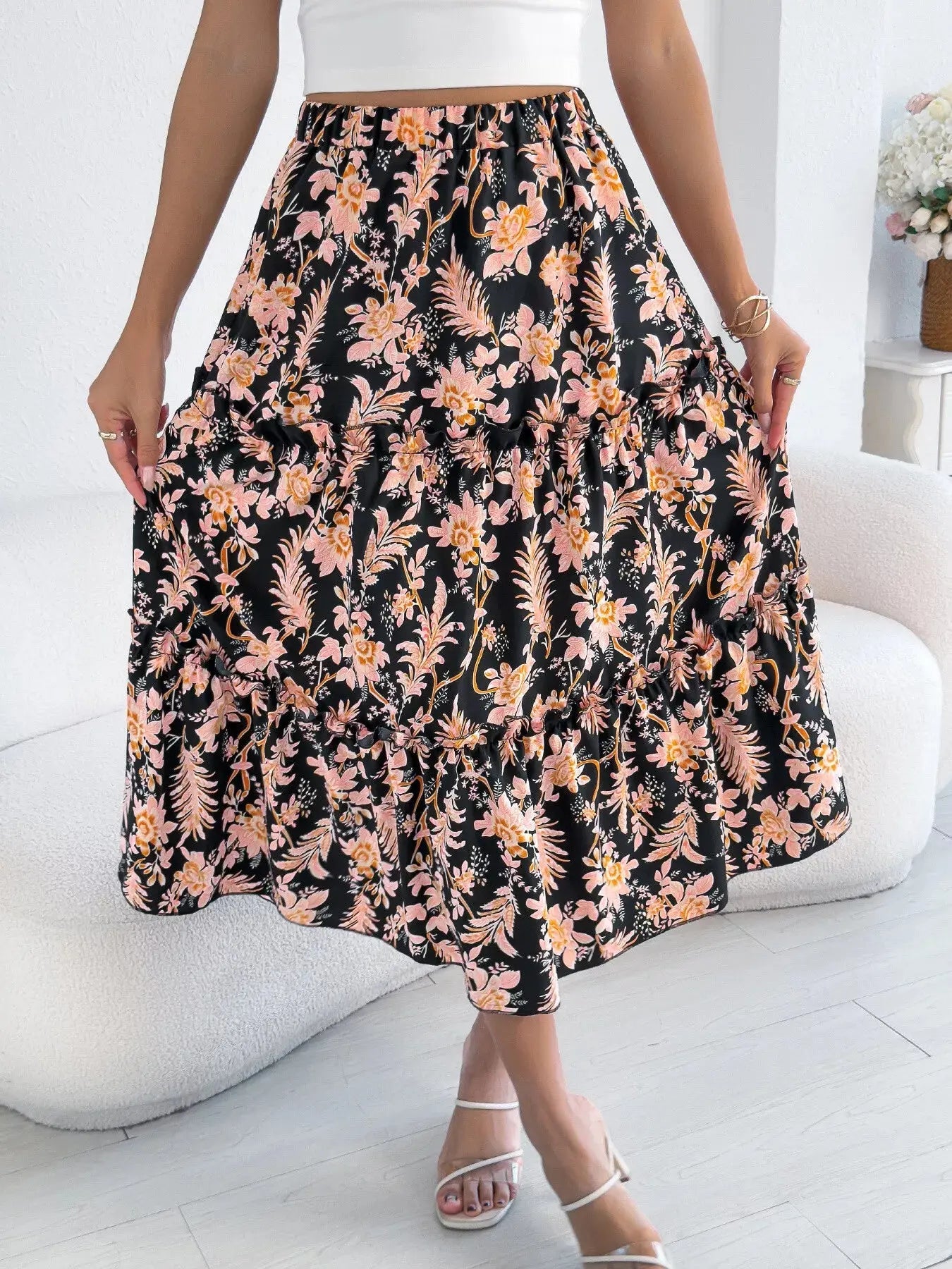 Floral Print Ruffle Hem Flowy Midi Skirt