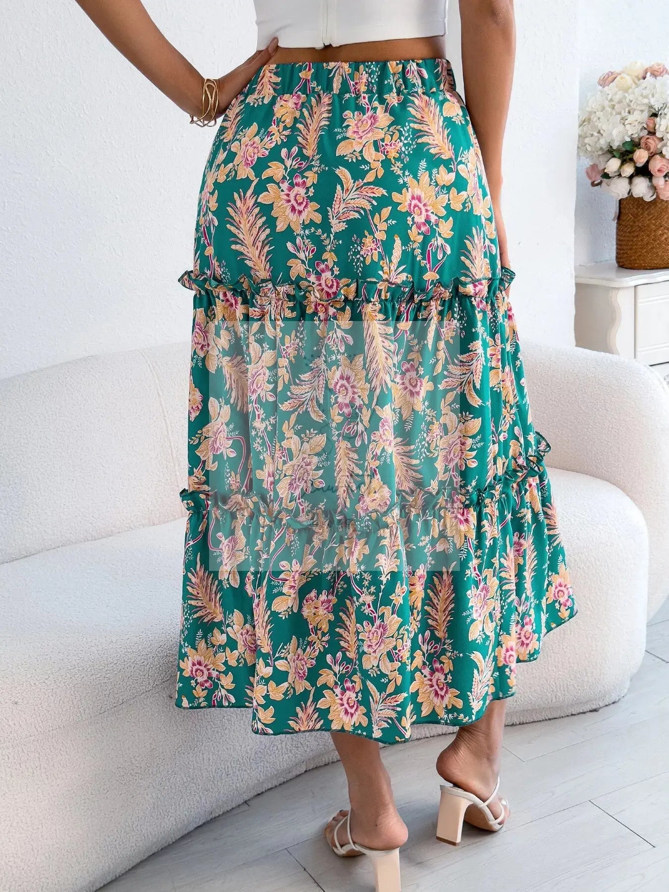 Floral Print Ruffle Hem Flowy Midi Skirt