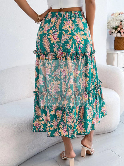 Floral Print Ruffle Hem Flowy Midi Skirt
