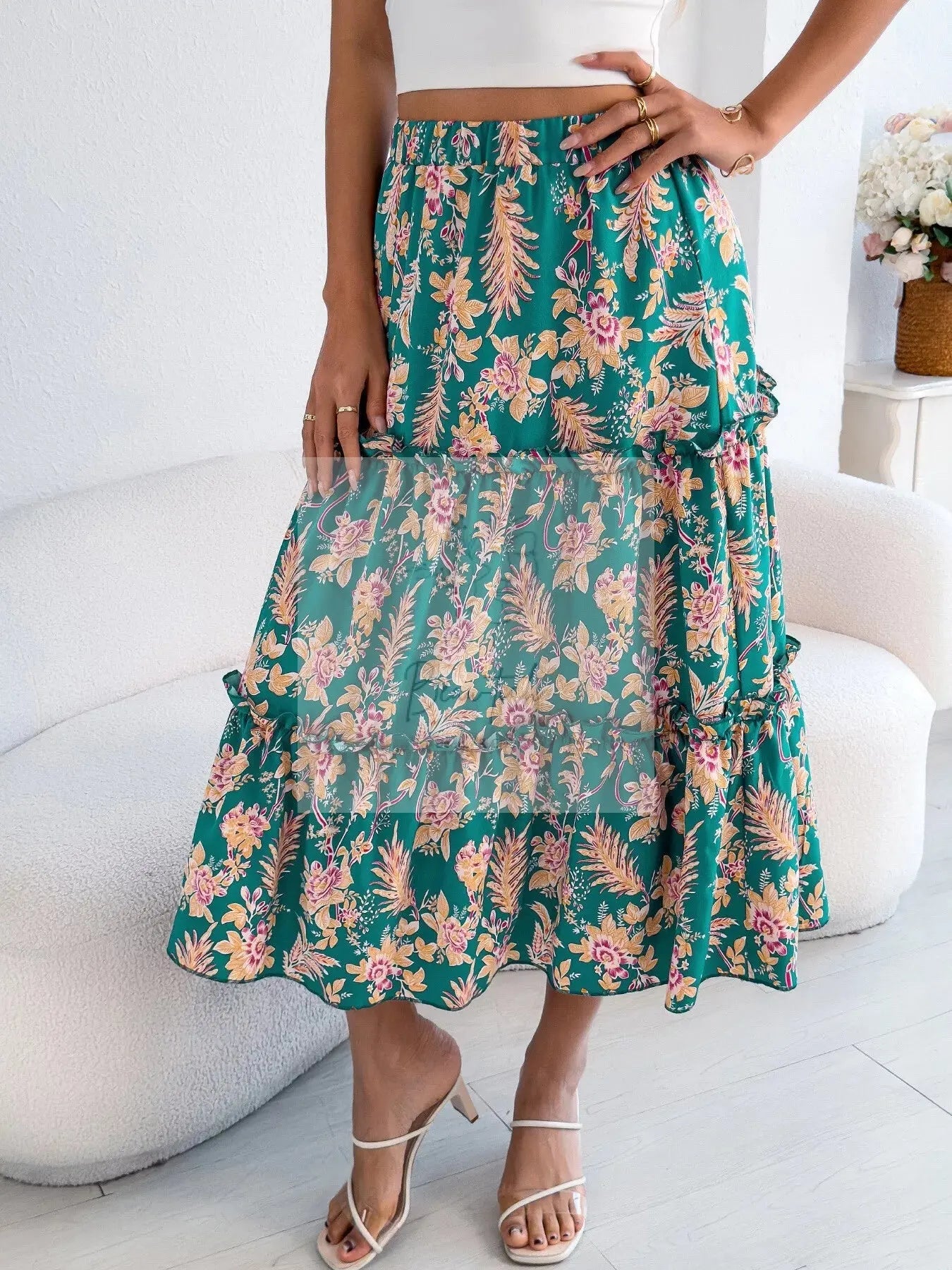 Floral Print Ruffle Hem Flowy Midi Skirt