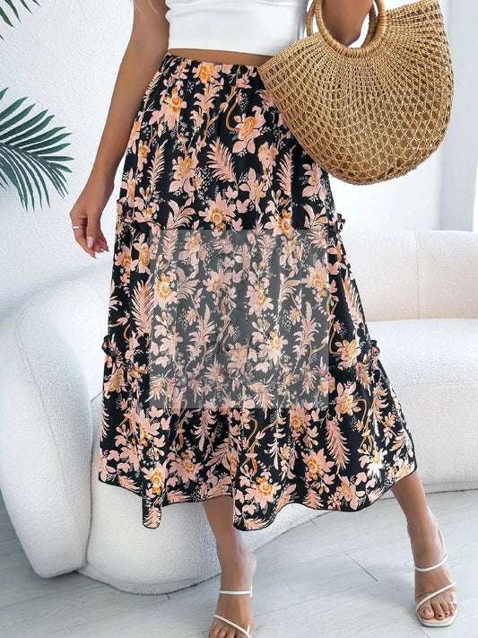 Floral Print Ruffle Hem Flowy Midi Skirt