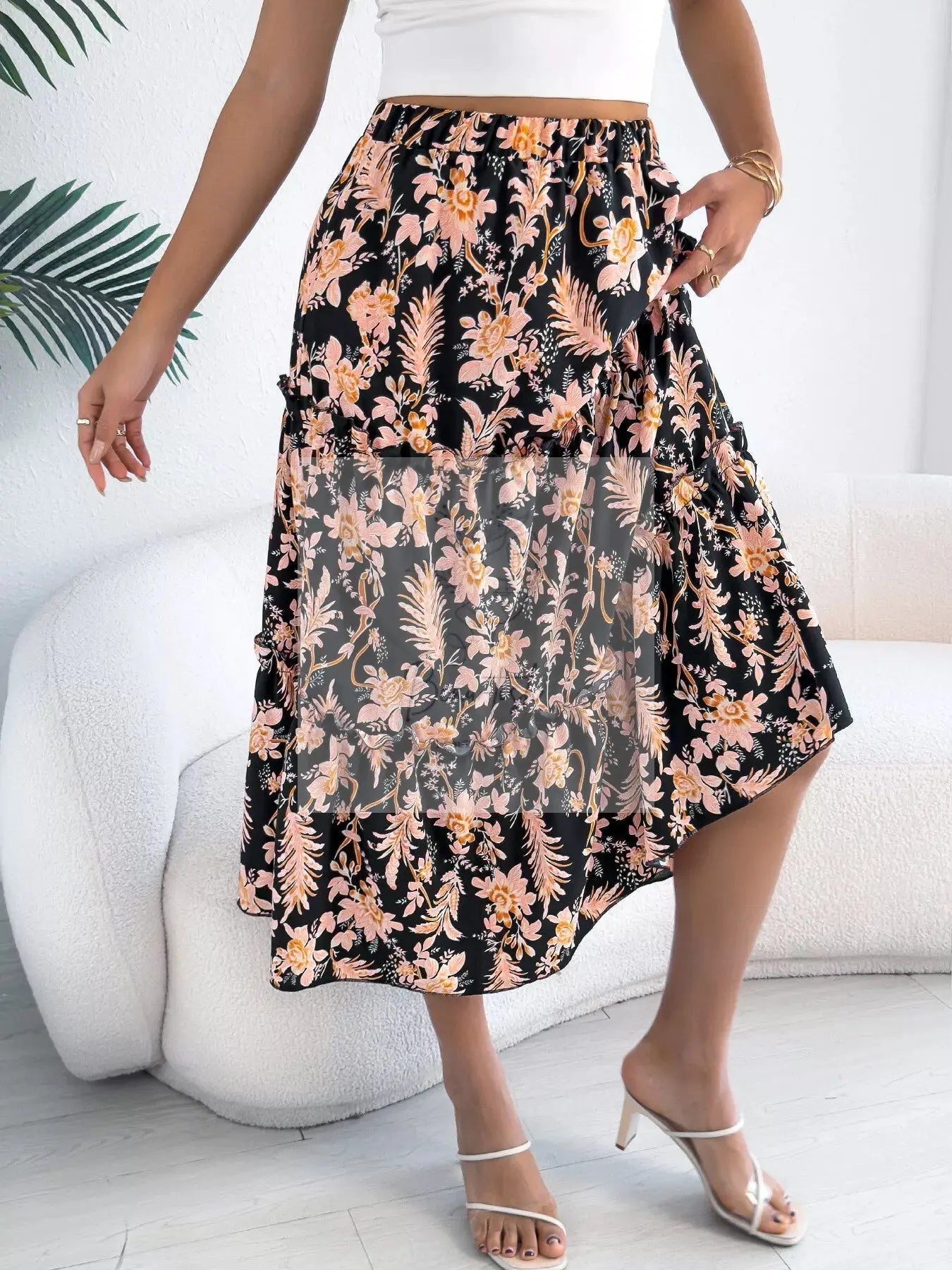 Floral Print Ruffle Hem Flowy Midi Skirt