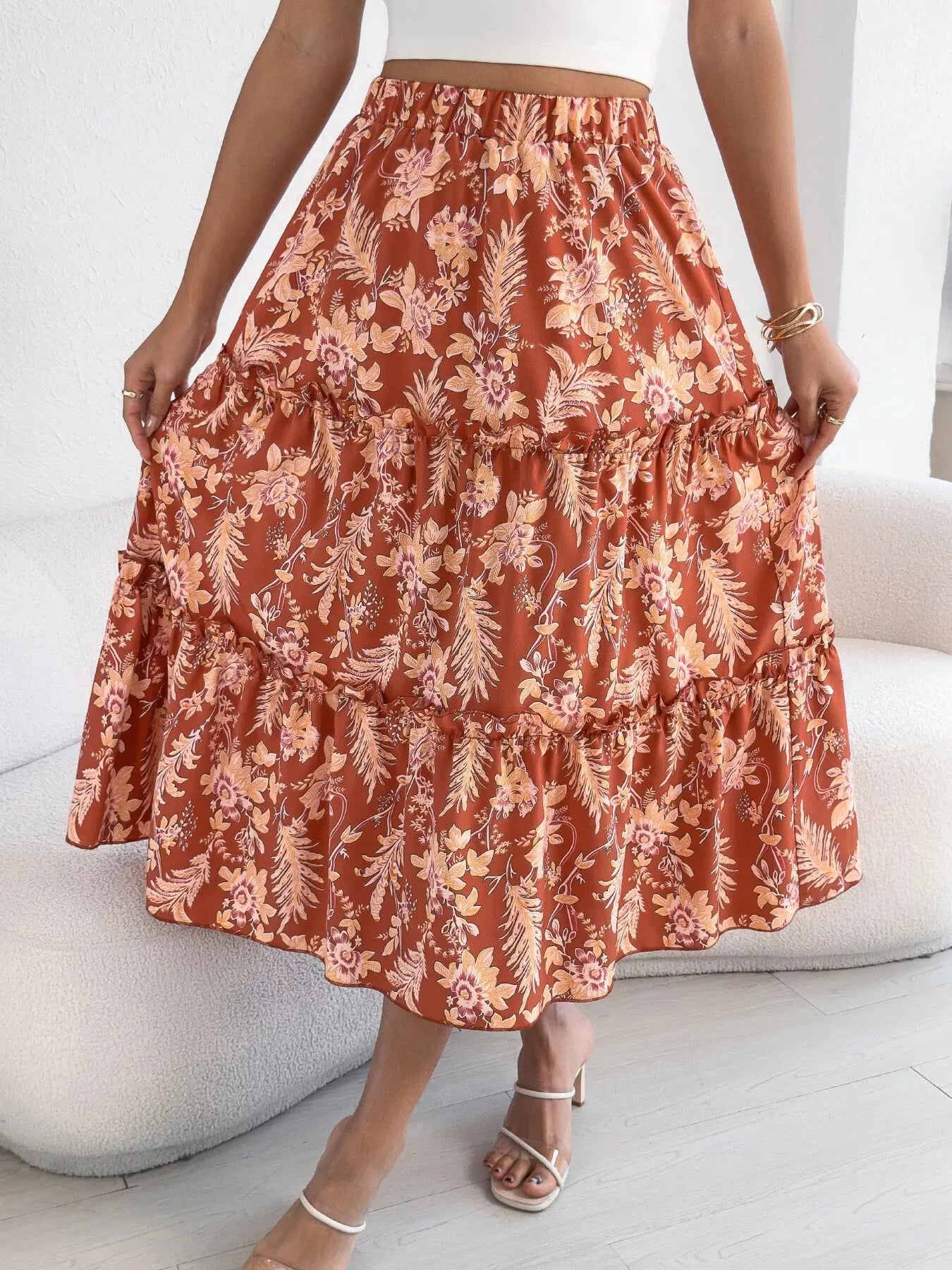 Floral Print Ruffle Hem Flowy Midi Skirt