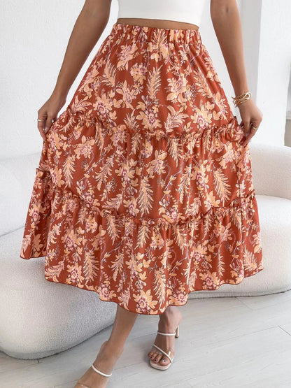 Floral Print Ruffle Hem Flowy Midi Skirt