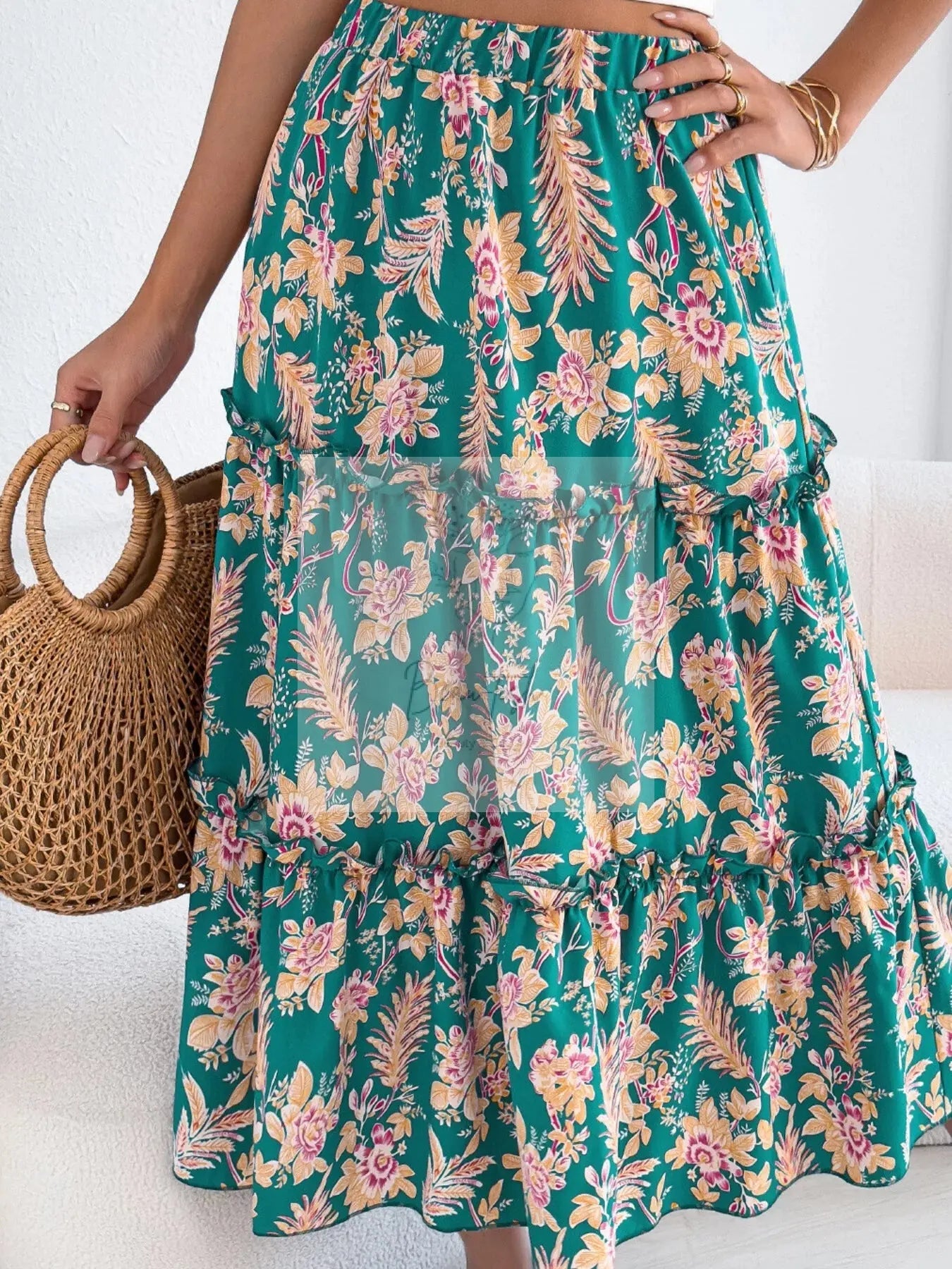 Floral Print Ruffle Hem Flowy Midi Skirt