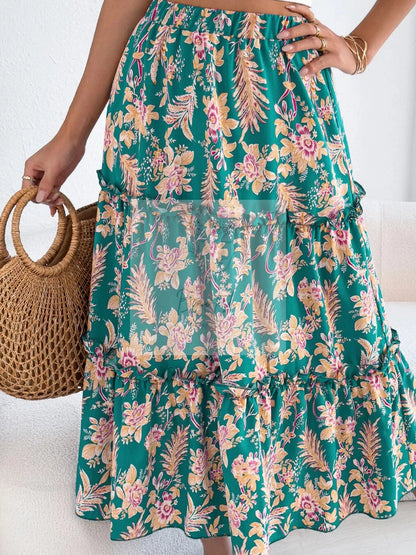Floral Print Ruffle Hem Flowy Midi Skirt