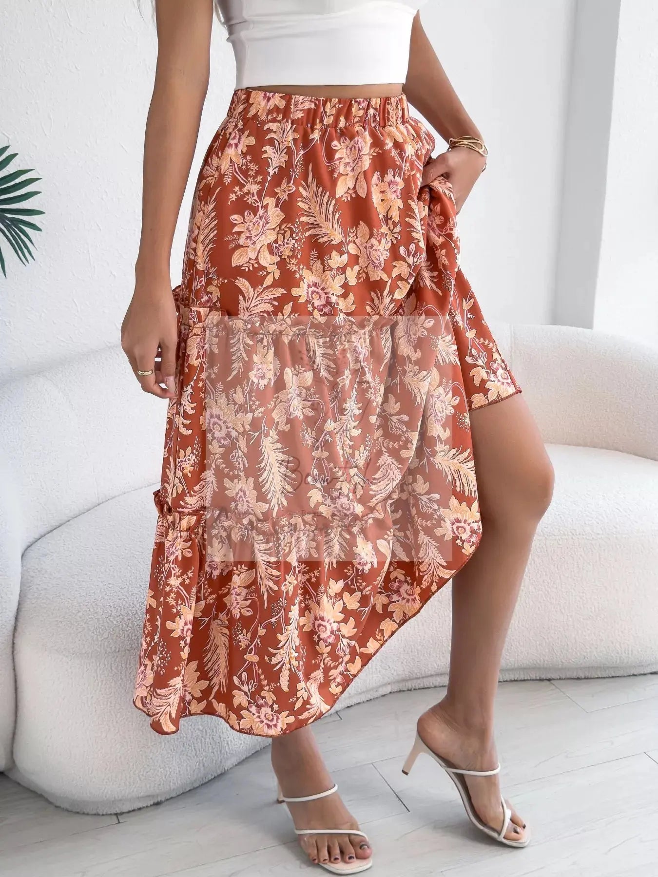 Floral Print Ruffle Hem Flowy Midi Skirt