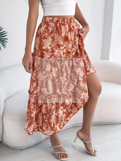 Floral Print Ruffle Hem Flowy Midi Skirt