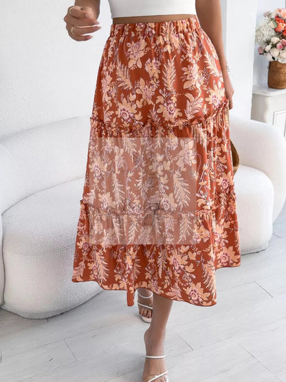 Floral Print Ruffle Hem Flowy Midi Skirt