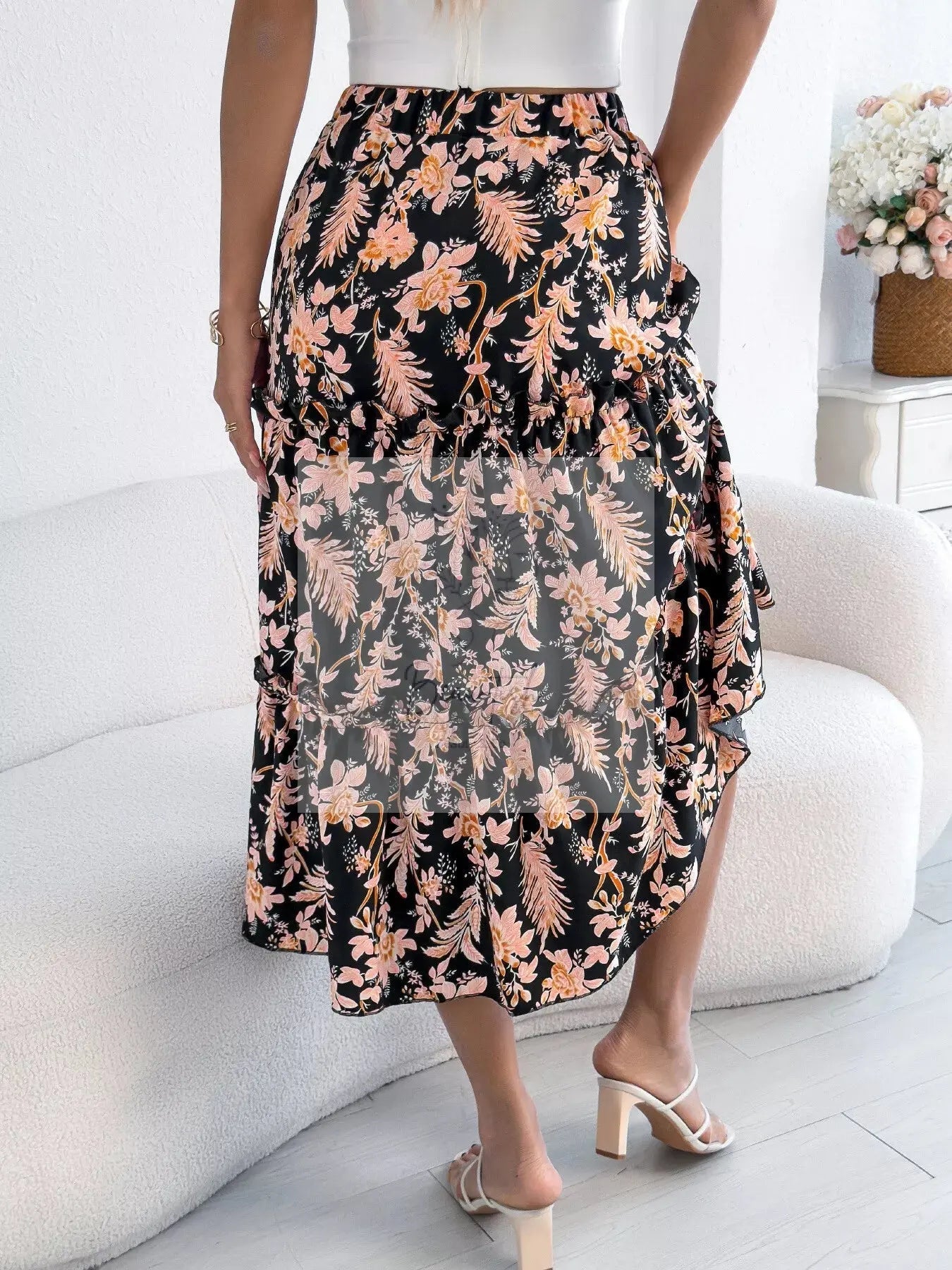 Floral Print Ruffle Hem Flowy Midi Skirt