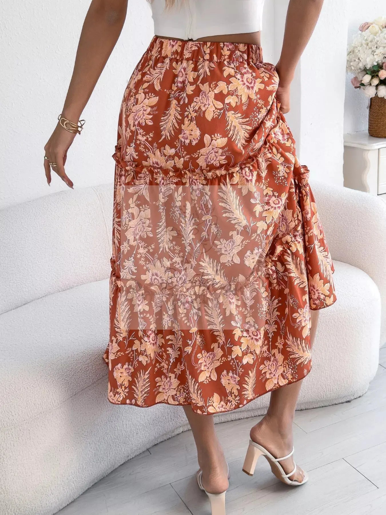 Floral Print Ruffle Hem Flowy Midi Skirt