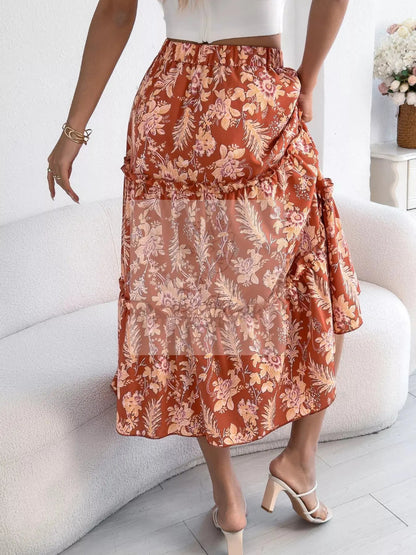 Floral Print Ruffle Hem Flowy Midi Skirt