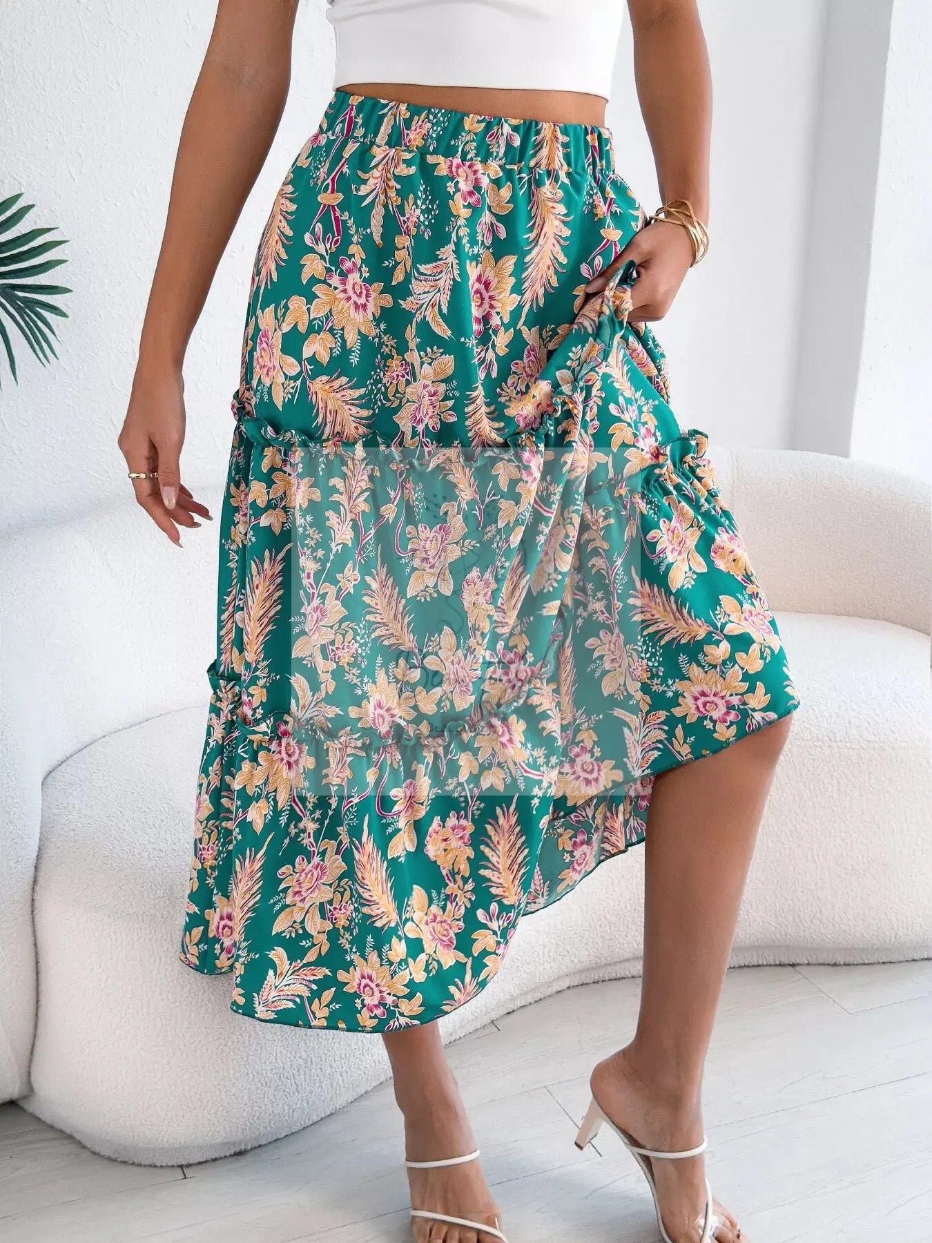 Floral Print Ruffle Hem Flowy Midi Skirt