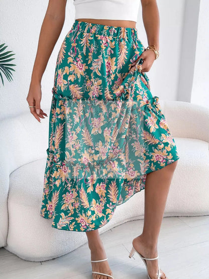 Floral Print Ruffle Hem Flowy Midi Skirt