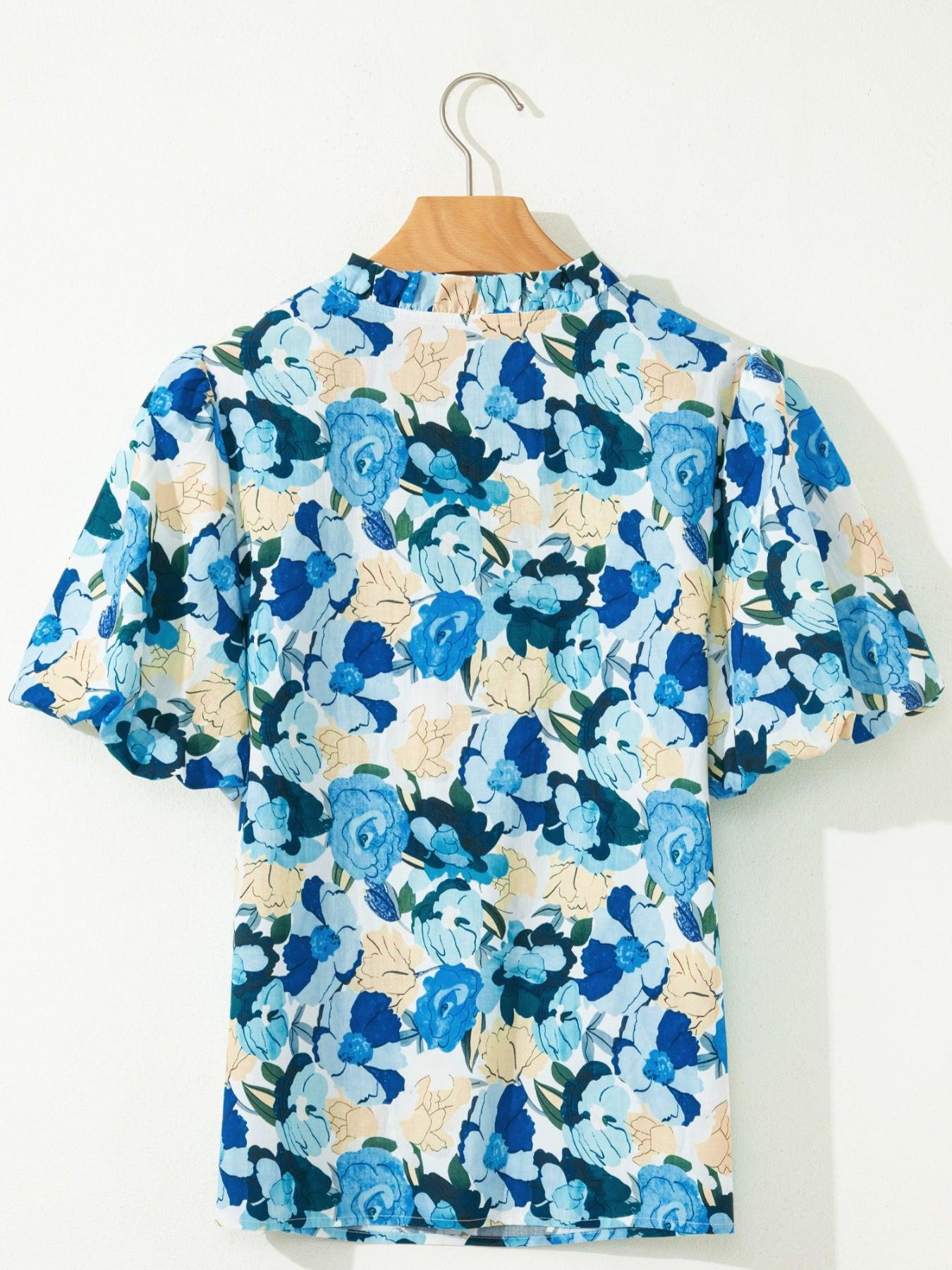 Floral Print Short Puff Sleeve V Neck Blouse