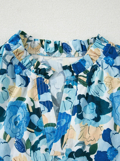 Floral Print Short Puff Sleeve V Neck Blouse