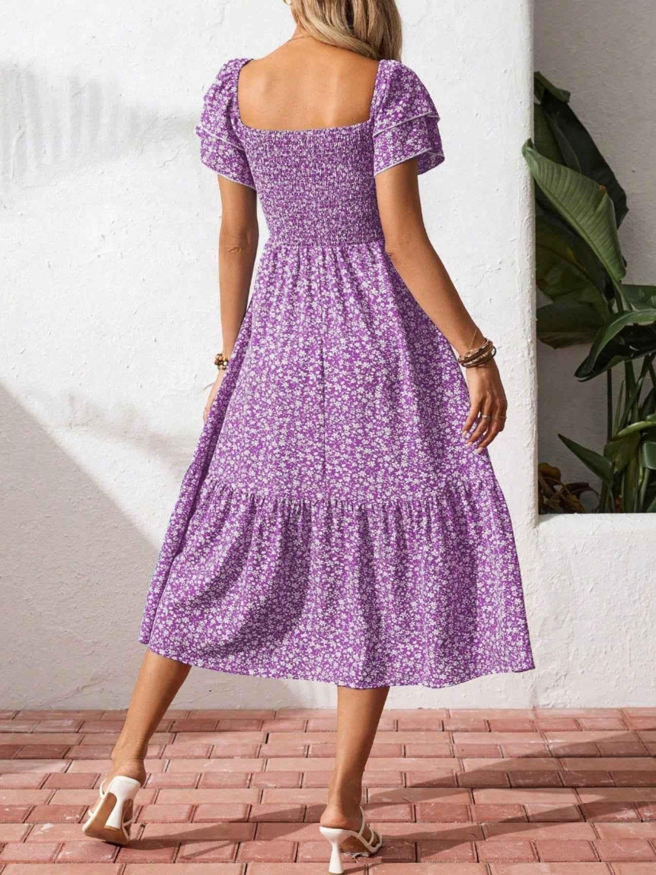 Floral Print Smocked Ruffle Sleeves Dress