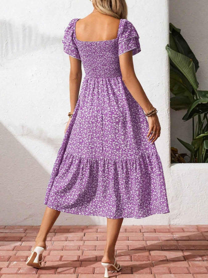 Floral Print Smocked Ruffle Sleeves Dress