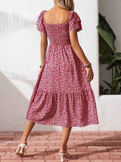Floral Print Smocked Ruffle Sleeves Dress