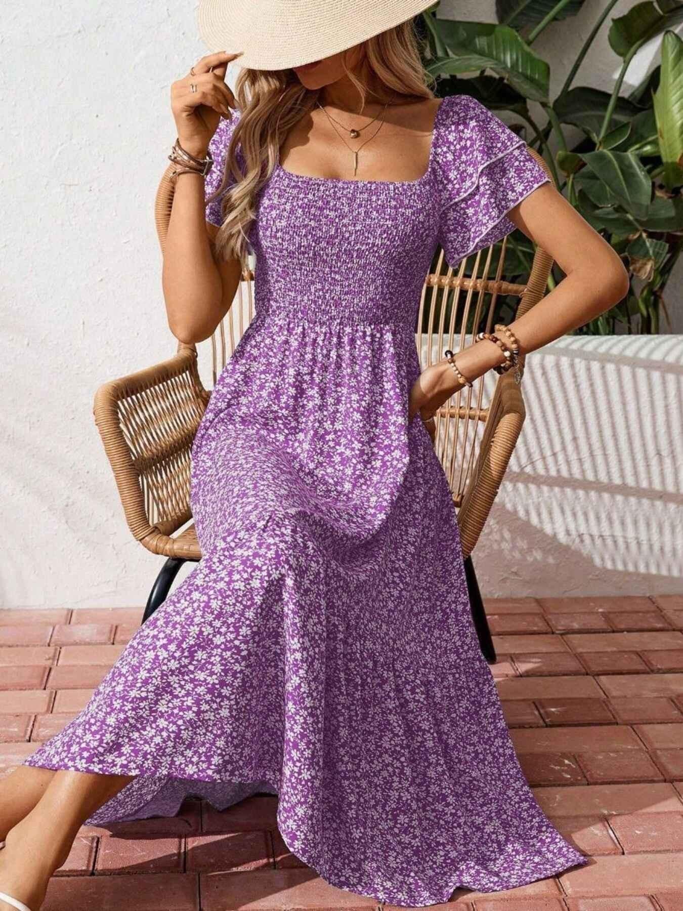 Floral Print Smocked Ruffle Sleeves Dress