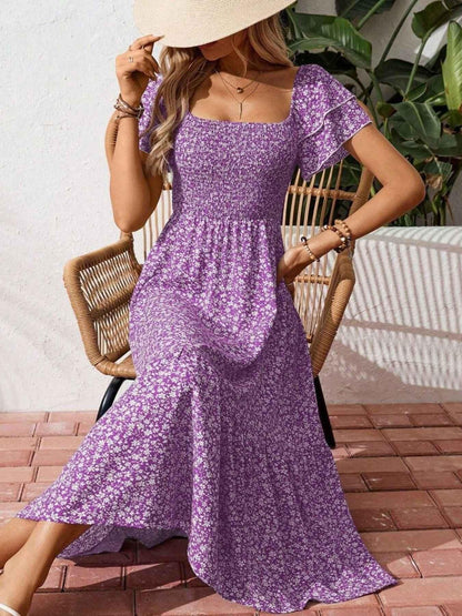 Floral Print Smocked Ruffle Sleeves Dress