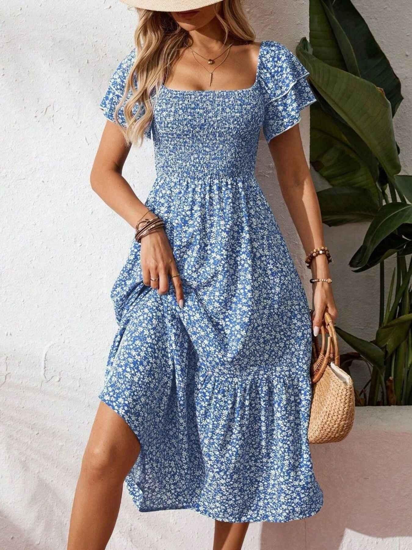 Floral Print Smocked Ruffle Sleeves Dress