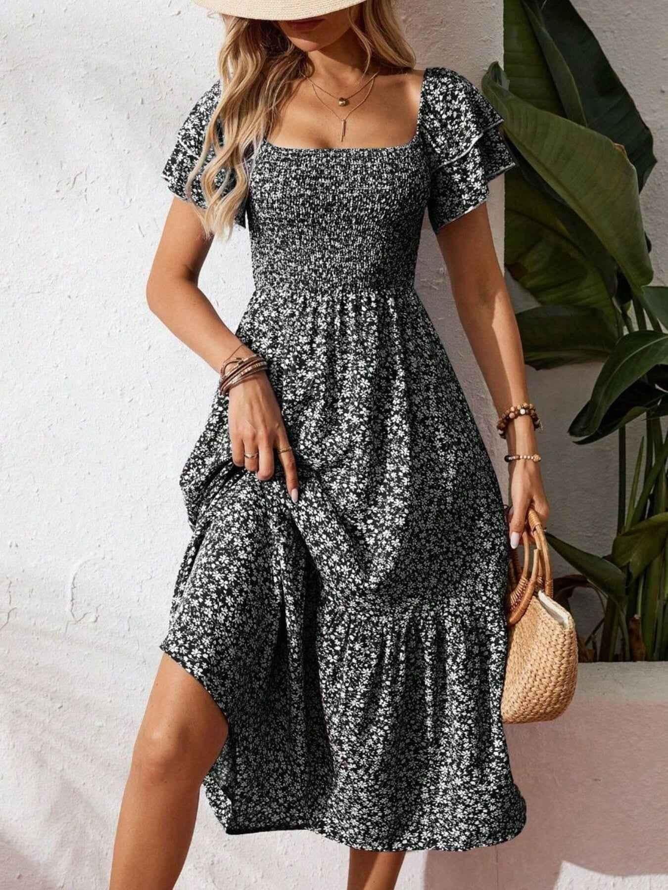 Floral Print Smocked Ruffle Sleeves Dress