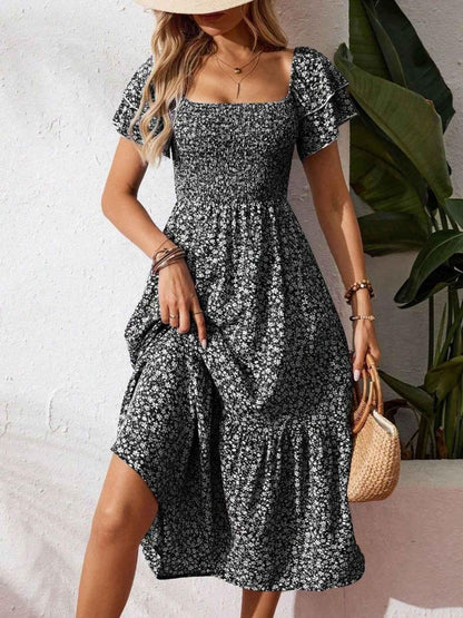Floral Print Smocked Ruffle Sleeves Dress