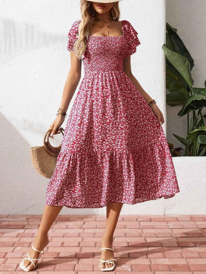 Floral Print Smocked Ruffle Sleeves Dress