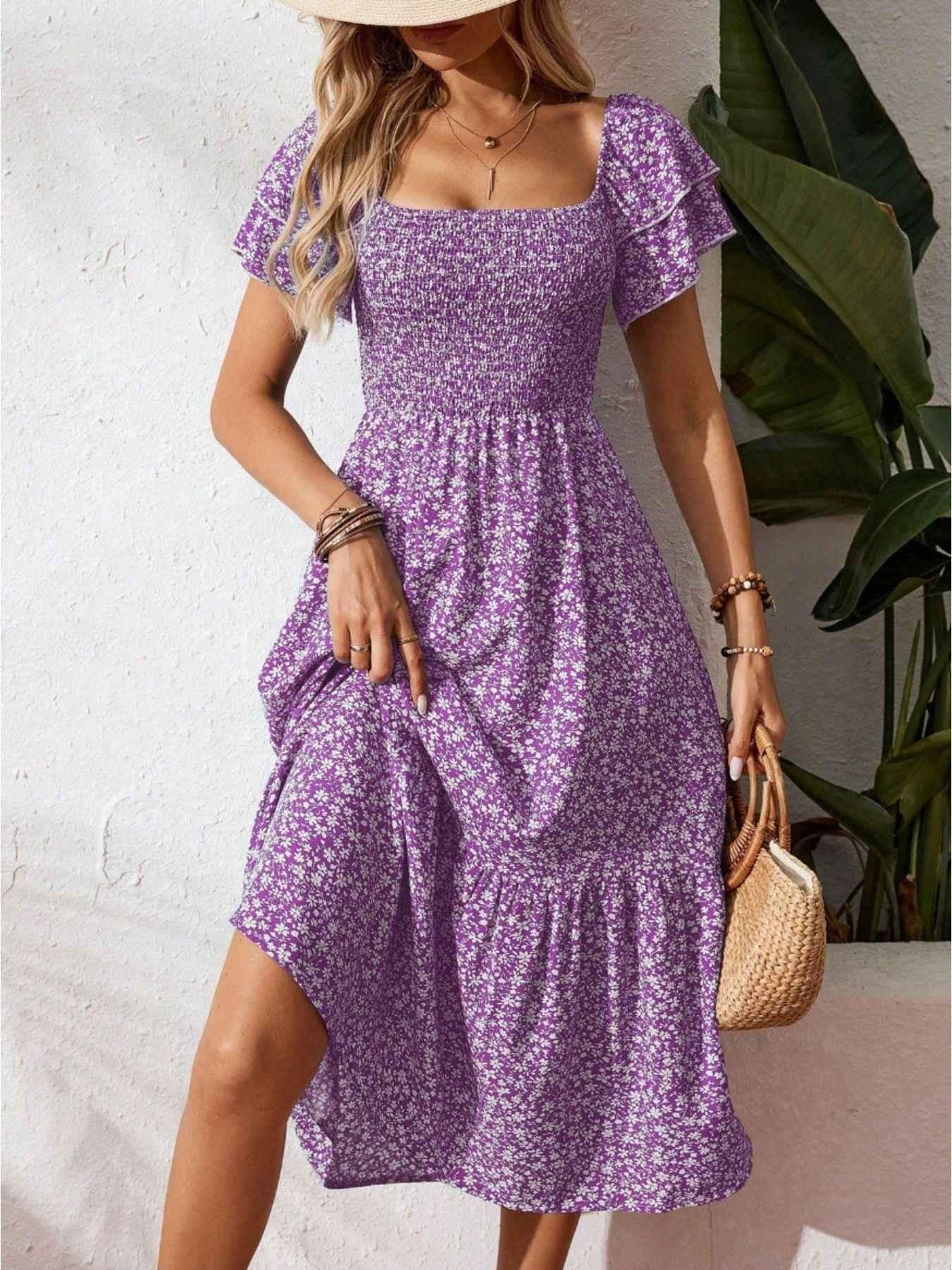 Floral Print Smocked Ruffle Sleeves Dress