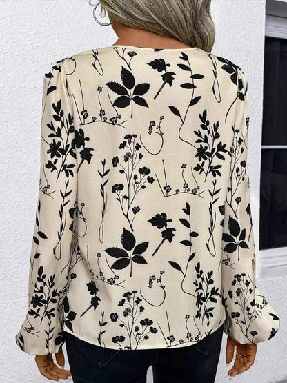 Floral Print Split Neck Long Sleeve Blouse