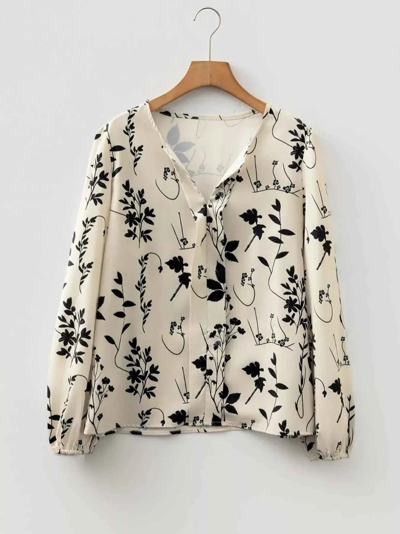 Floral Print Split Neck Long Sleeve Blouse