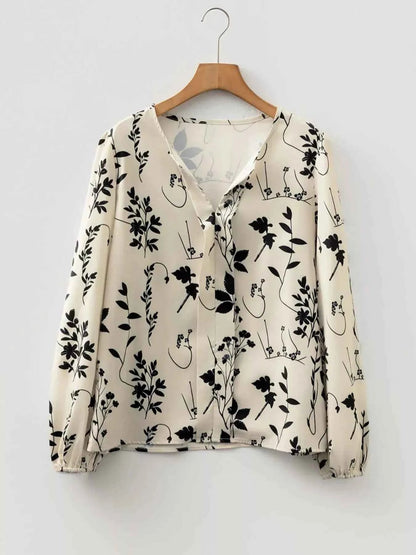 Floral Print Split Neck Long Sleeve Blouse