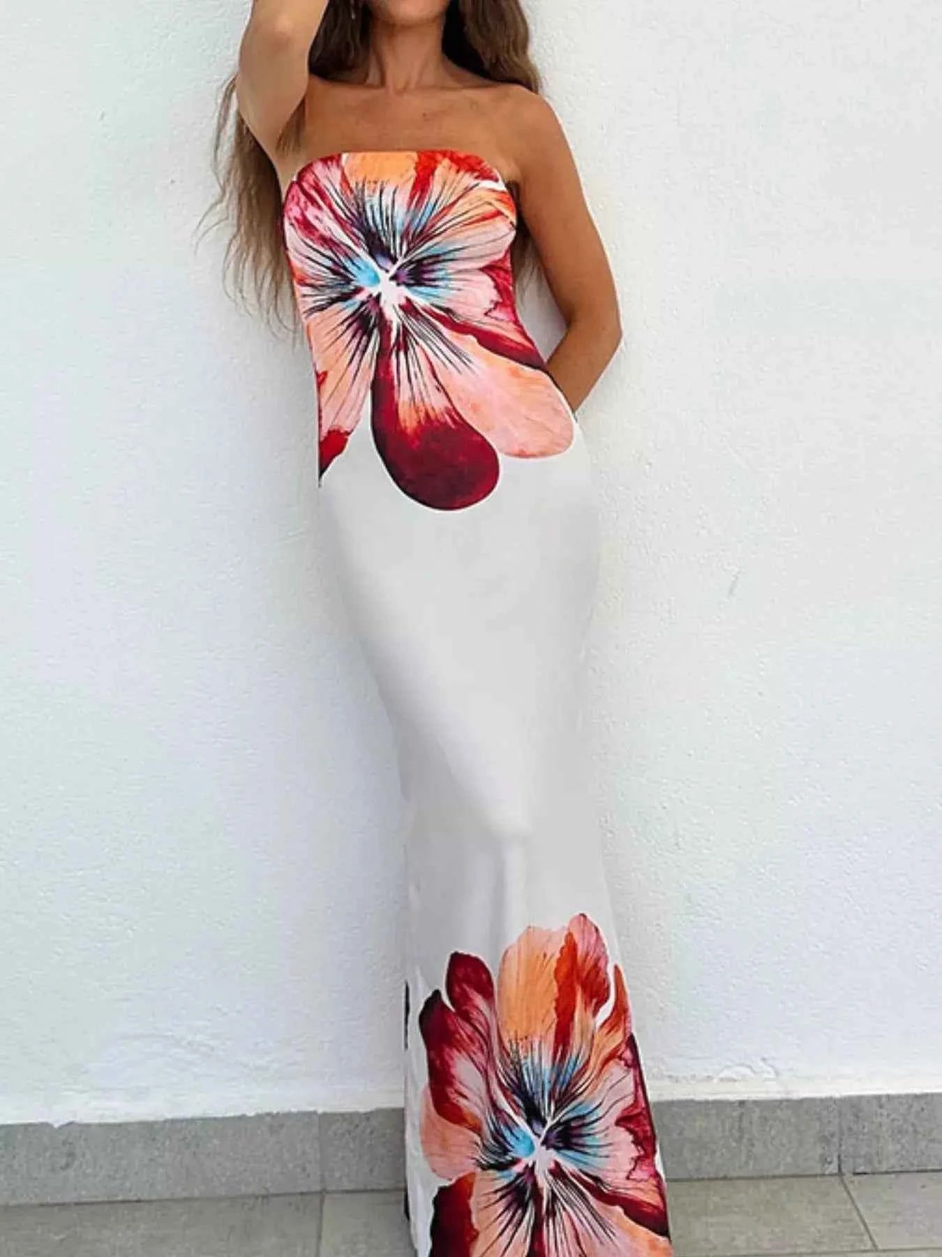 Floral Print Strapless Bodycon Maxi Dress