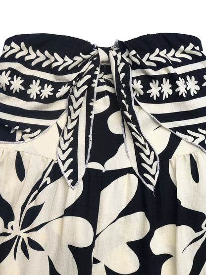Floral Print Strapless Tie Front Wide Leg Jumpsuit