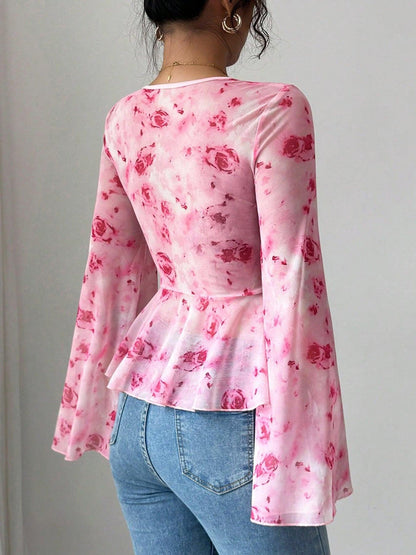 Floral Print Tie Front Flare Sleeve Chiffon Blouse