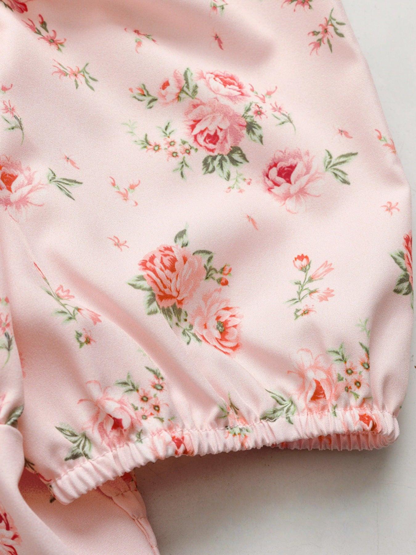 Floral Print Tie Front Puff Sleeve Blouse