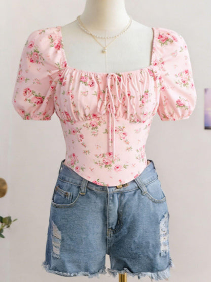Floral Print Tie Front Puff Sleeve Blouse