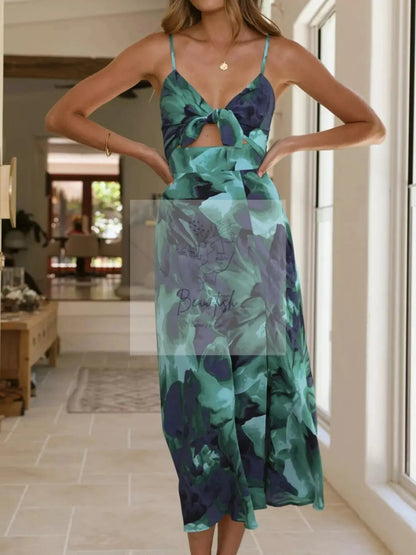 Floral Print Tie-Front Slit Midi Dress