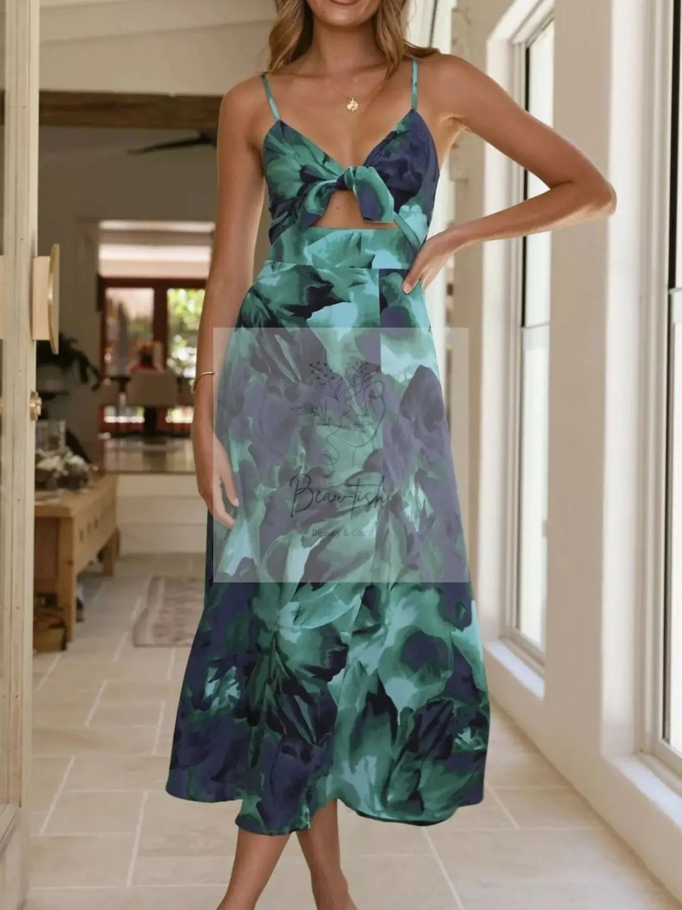 Floral Print Tie-Front Slit Midi Dress