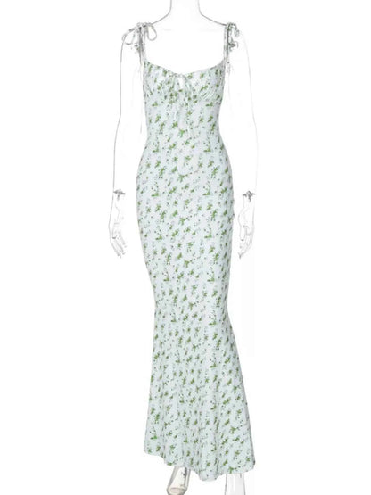 Floral Print Tie Strap Bodycon Maxi Dress
