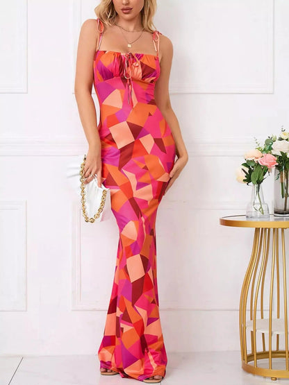 Floral Print Tie Strap Bodycon Maxi Dress